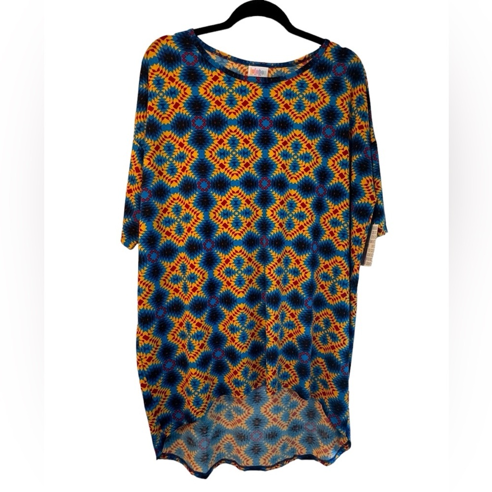 LuLaRoe Irma‎ top, blue/orange/yellow, size medium